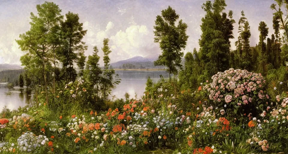 Image similar to atlas texture map megascans, flowers by the lake with forest in background, white background illustrated by eugene von guerard, ivan shishkin, john singer sargent