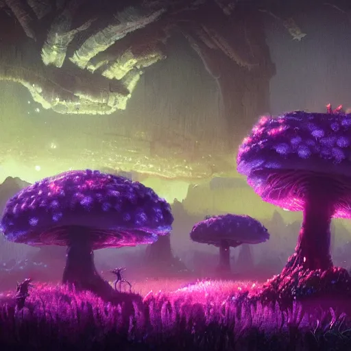 Image similar to concept art painting of a fantasy alien fungal landscape at night, magenta trees, glowing blue mushrooms, dark purple sky, realistic, detailed, cel shaded, in the style of makoto shinkai and greg rutkowski and albert bierstadt and james gurney