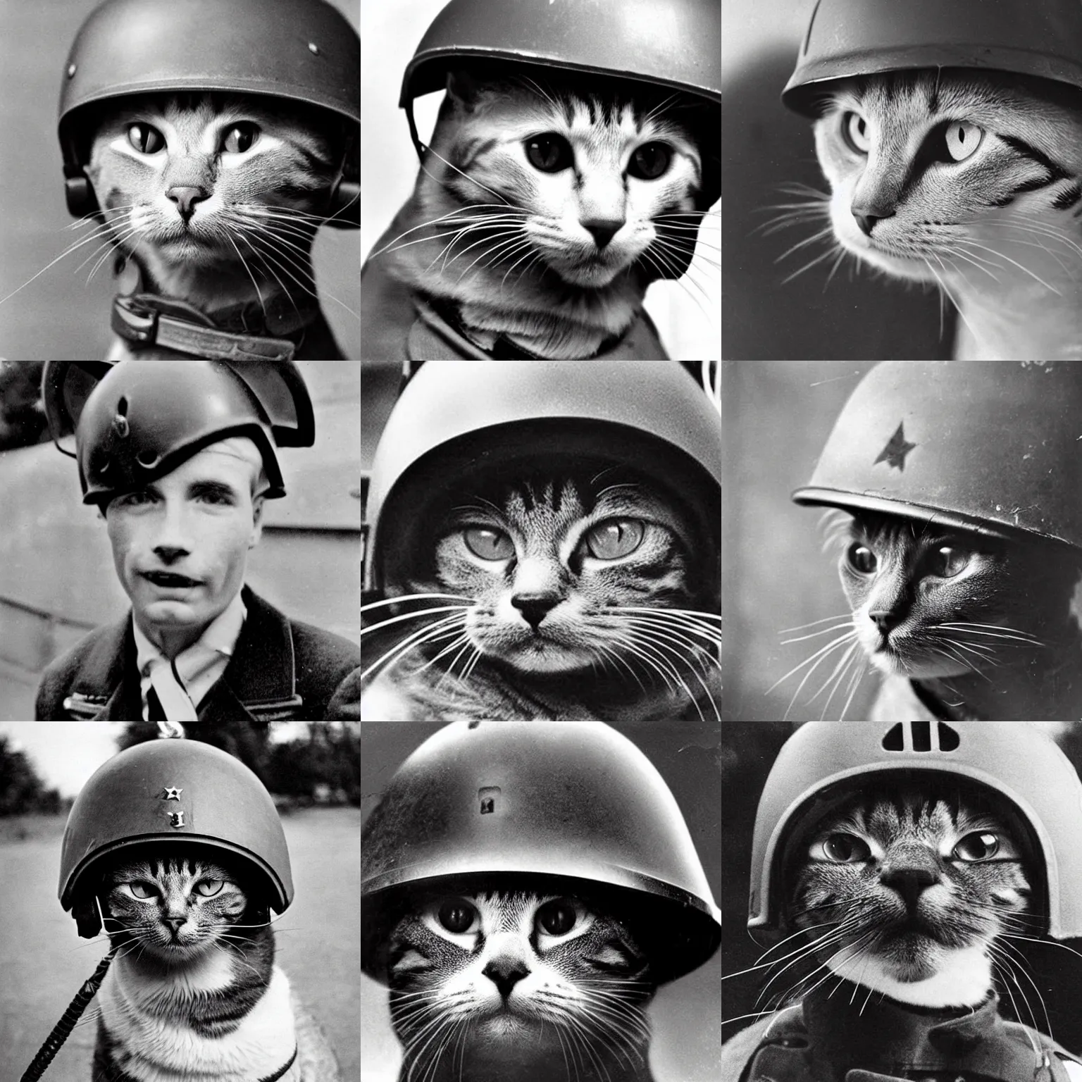 Image similar to Close up of a cat wearing a soldier helmet in the battle, ww2 historical photo, black and white