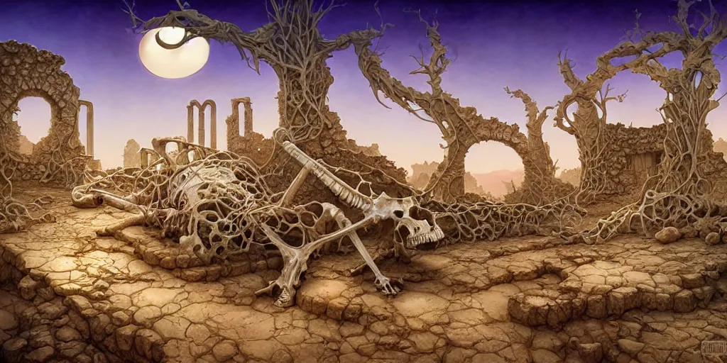 Image similar to a fantasy night desert landscape, ruins, bones, overgrown, arid ecosystem, digital illustration by michael whelan and leyendecker and artgerm, intricate details, surreal, photorealistic, award winning