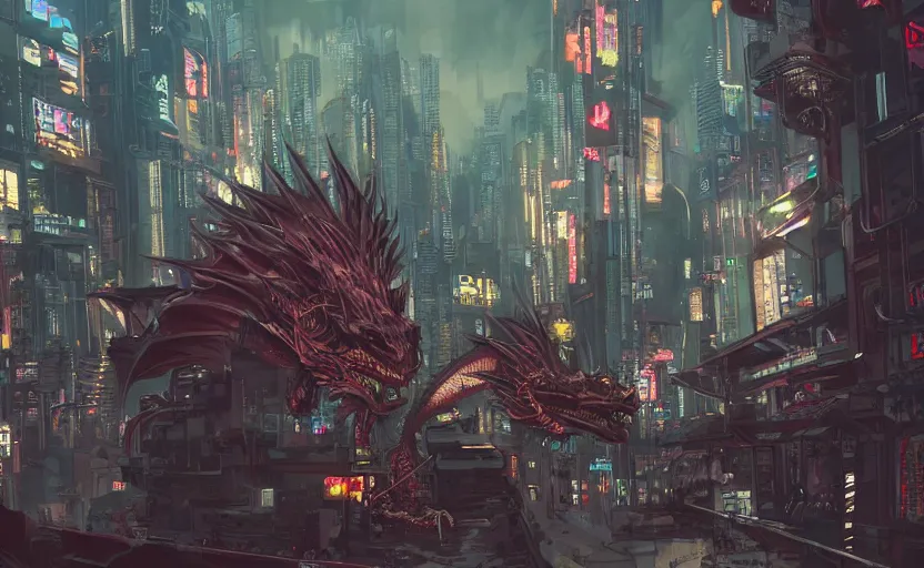 Image similar to A dragon in a cyberpunk city with cyborgs and humans looking in amazement, illustration, artstation, detailed