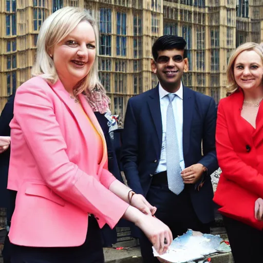 Prompt: Liz truss and Rishi sunak at parliament burning piles of money. Daily Telegraph.