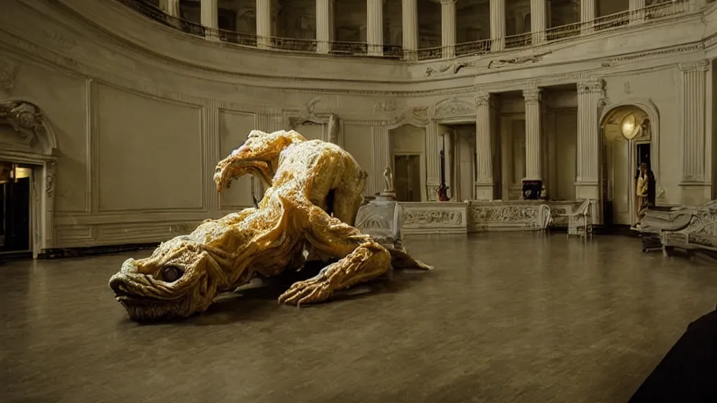 Prompt: the strange creature in city hall, made of wax and water, film still from the movie directed by Denis Villeneuve with art direction by Salvador Dalí, wide lens