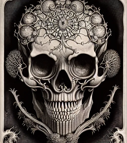 Image similar to art forms of nature by ernst haeckel, memento mori by arthur rackham, ornate antique porcelain beautiful skull mask, ultrasharp, photorealistic, hyperdetailed, octane render, polished, art nouveau, neo - gothic, gothic, intricate ornamental organic filigree, art nouveau botanicals, art forms of nature by ernst haeckel, horizontal symmetry, symbolist, visionary