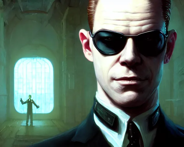 Image similar to highly detailed portrait of albert wesker as agent smith, in the matrix, stephen bliss, unreal engine, fantasy art by greg rutkowski, loish, rhads, ferdinand knab, makoto shinkai and lois van baarle, ilya kuvshinov, rossdraws, tom bagshaw, global illumination, radiant light, detailed and intricate environment