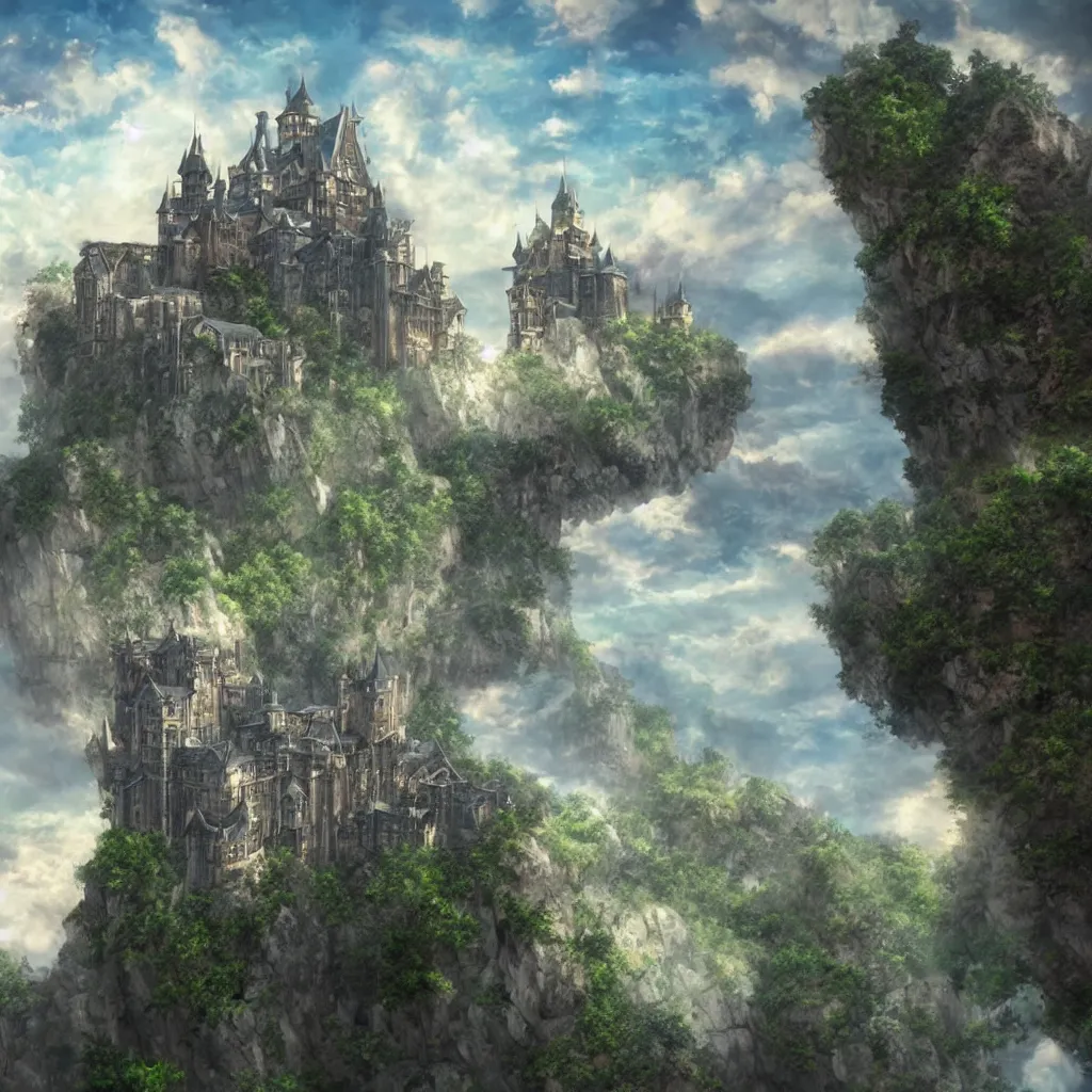 Image similar to epic image of a castle above the sky, anime, 3 d rendering