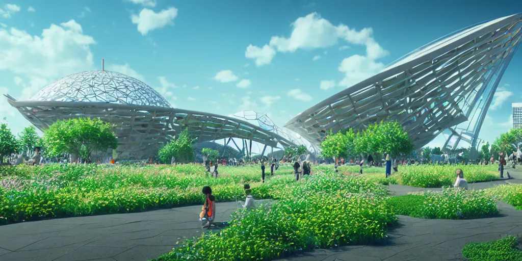 Prompt: montreal expo 6 7 pavillion, solarpunk, studio ghibli, jean - baptiste monge, octane render, 4 k, symmetry