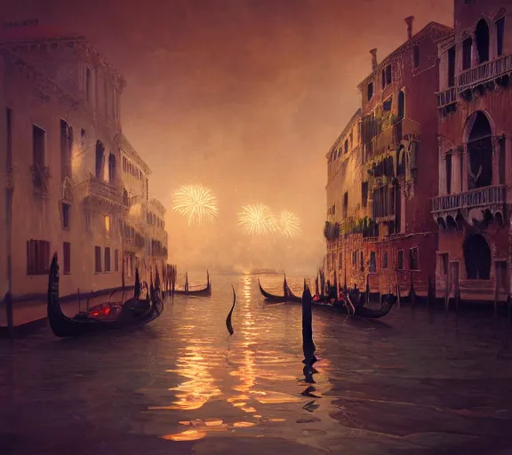 Image similar to photography of a 1 8 th couple in venice with fireworks, deep focus, intricate, elegant, highly detailed, digital painting, artstation, concept art, matte, sharp focus, illustration, art by artgerm and greg rutkowski and alphonse mucha and gil elvgren