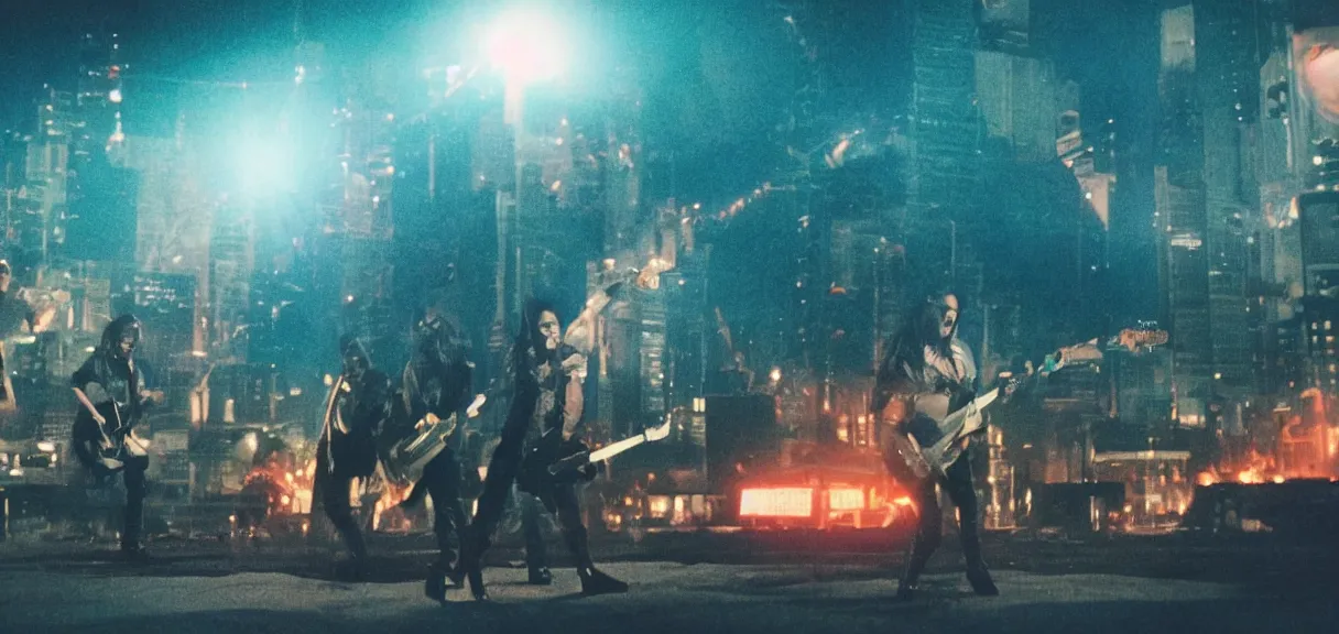 Prompt: The wide shot of disco rock Asian band with long dark hair playing on guitars while Godzilla destructs the night city, Godzilla on the horizon line, by Lubezki and David Lynch, anamorphic 35 mm lens, cinematic, anamorphic lens flares 4k