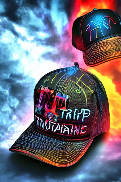 Image similar to photo of a baseball cap, band merchandise, bandname is tripmachine, tourname is invasion of the tripmachines, realistic digital art, printed with a 3 d render of a huge futuristic steampunk generator, 8 k, fluorescent colors, halluzinogenic, multicolored, exaggerated detailed, unreal engine