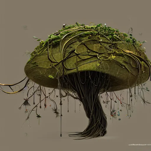 Image similar to hat tree, aatree that is growing hats, highly detailed, illustration, sci - fi art, cyberpunk, epic, realistic, intricate, hyper detailed, artstation, concept art, smooth, sharp focus, ray tracing