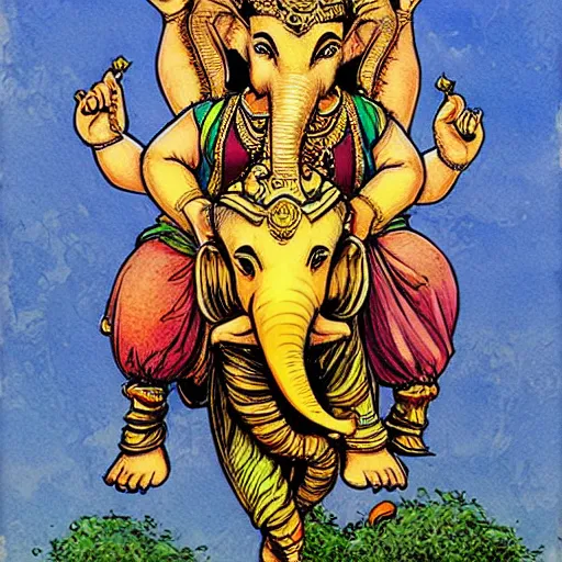 Prompt: ganesha riding a motorcycle, art by rebecca guay