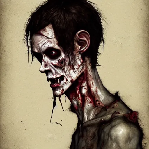 Image similar to head portrait of young skinny peter murphy from bauhaus as a zombie, 7 days to die zombie, gritty background, fine art, award winning, intricate, elegant, sharp focus, cinematic lighting, digital painting, 8 k concept art, art by michael hussar, art by brom, art by guweiz and z. w. gu, 8 k