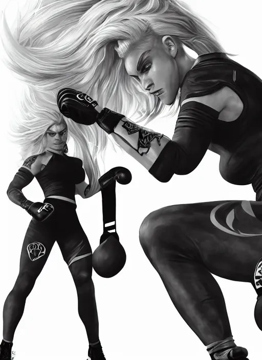 Image similar to a highly detailed illustration of fierce ponytail platinum blonde woman wearing black mma gear and gloves, dramatic boxing stance pose, fairly muscular, athletic, intricate, elegant, highly detailed, centered, digital painting, artstation, concept art, smooth, sharp focus, league of legends concept art, WLOP