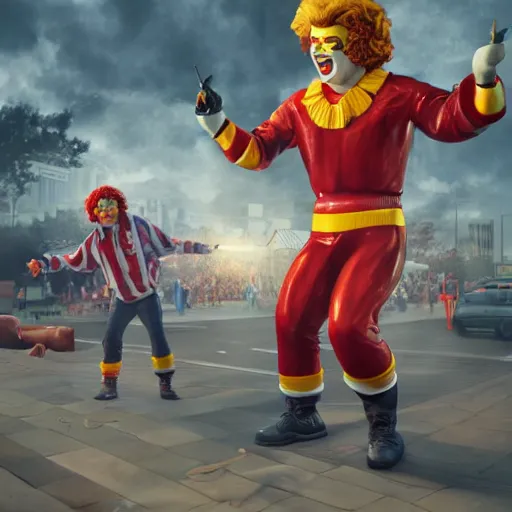 Image similar to Hyperrealistic ultradetailed digital art of Ronald McDonald and the Burger King fighting , realistic, detailed lighting, cinematic, trending on artstation and 500px and behance