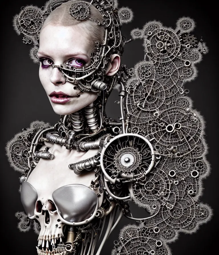 Image similar to highly detailed photo portrait of complex bio-mechanical beautiful young female undead skeletal cyborg with a Mandelbrot fractal steampunk metal fine lace face, retrofuturistic depressing hopeless horrific vibe, radiating dark energy aura, curled silver hair and a fine metal floral foliage super big lace collar by Alexander McQueen:: high fashion, haute couture, rococo, steampunk, silver filigree details, anatomical, facial muscles, cable wires, microchip, elegant, hyper realistic, 150 mm lens, soft rim light, octane render, unreal engine, volumetric lighting, 8k, muted reflective metallic coloring, sharp focus