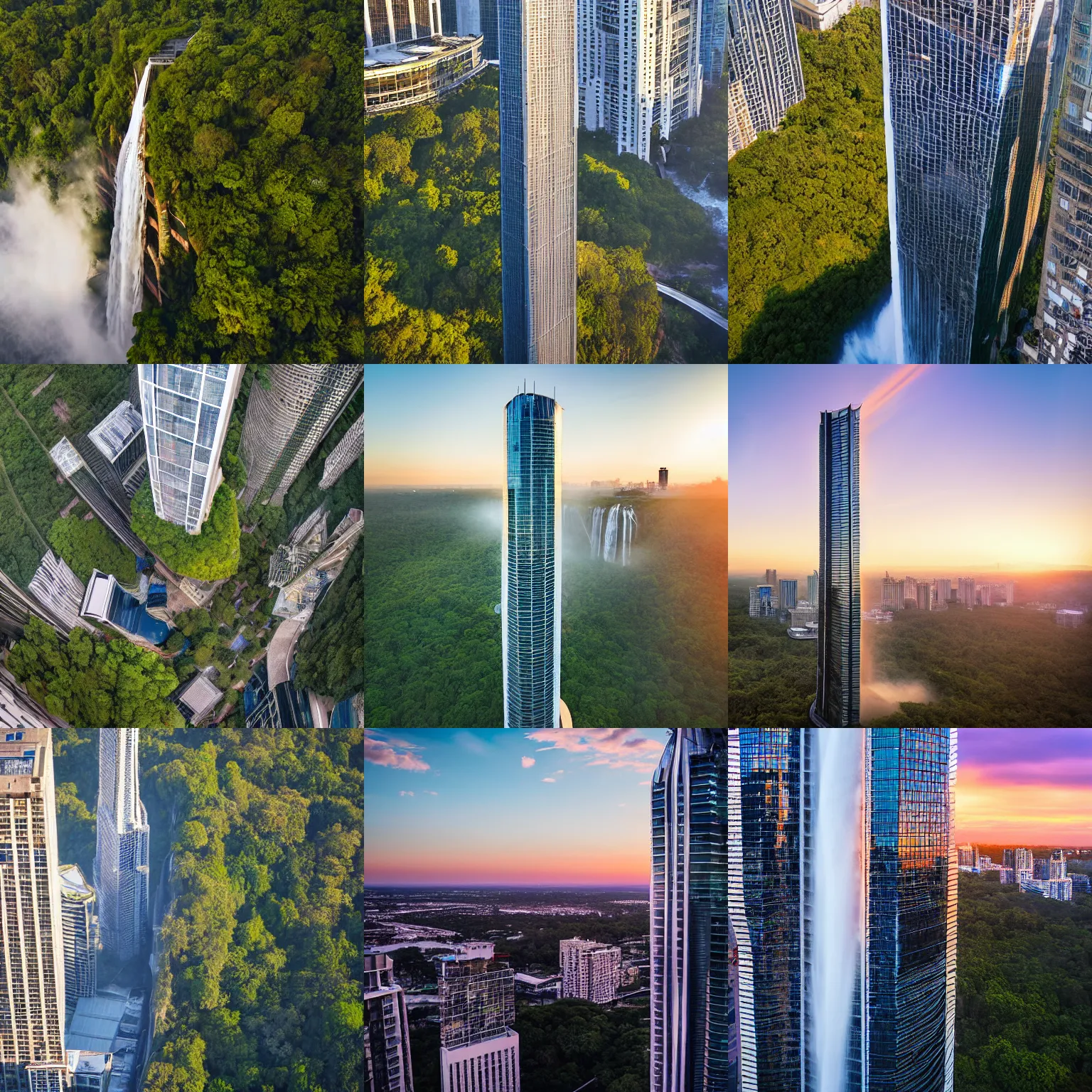 Prompt: aerial photograph of skyscraper, waterfall skyscraper, the building is a skyscraper, waterfall running down the skyscraper, jungle in background, photograph, urban, soft light, sunset