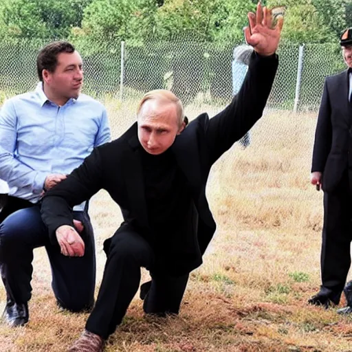 Image similar to Vladimir Putin kneeling before a man in a wild furry costume