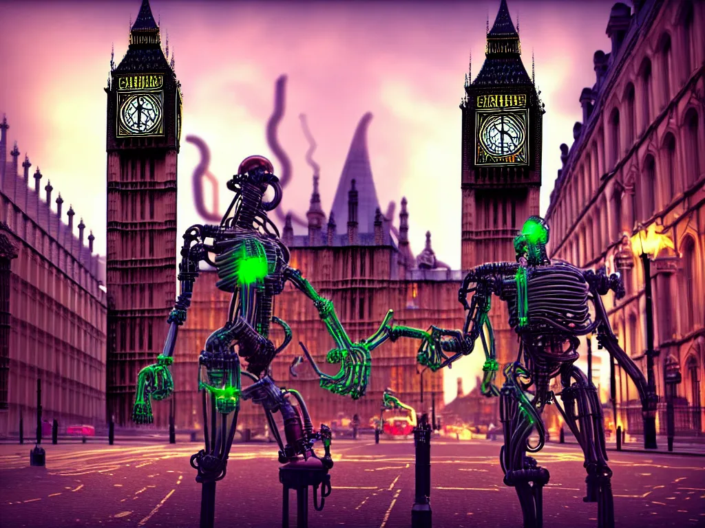 Image similar to a giant ancient beautiful cyborg of the elder gods with pipes and tubes in the city of London, an image of a beautiful cyborg, a beautiful cyborg, a cyborg, London streets with one bigben in the background, colourful, dramatic lighting, spring time, very detailed octane render very realistic beautiful