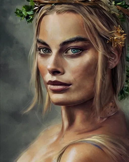 Image similar to realism tattoo sketch of margot robbie as a beautiful greek goddess aphrodite with piercing eyes wearing a laurel wreath and triangle earrings, in the style of greg rutkowski, amazing detail