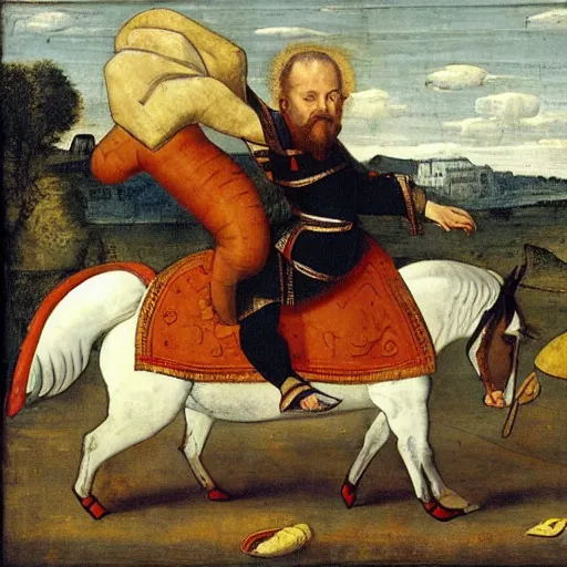 Image similar to henry the 8 th falling off a donkey