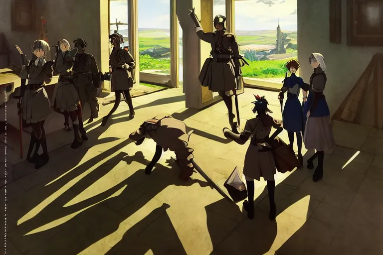 Prompt: anime key visual of high fantasy and world war 2 germany with anime maids as soldiers, dictator fascist nationalist propaganda poster, style of jamie wyeth james gilleard edward hopper greg rutkowski acrylic painting, preserved museum piece, historical