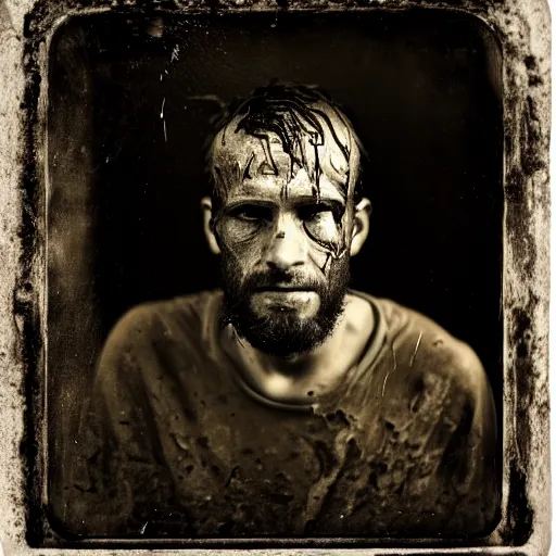 Image similar to A wet-collodion portrait of a man who comes back from a horrific war, he stares into the distance as his eyes show glimmers of hope, depth of field, 50mm lens, studio lighting, high contrast