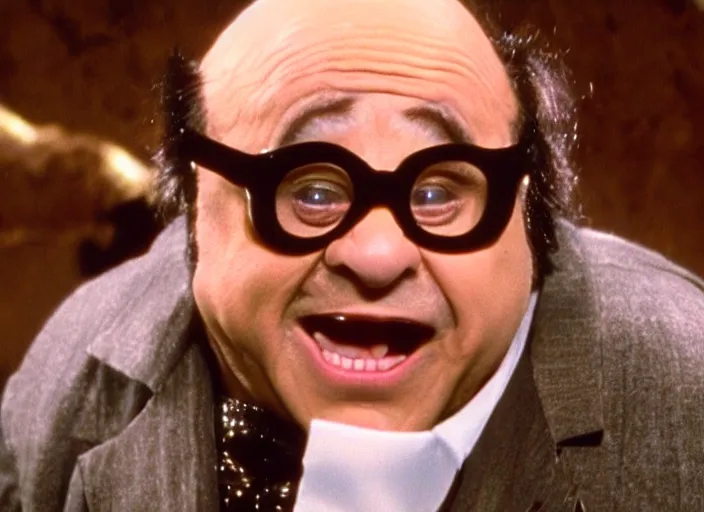 Image similar to film still of Danny Devito as Mr Mistoffelees in Cats, 4k