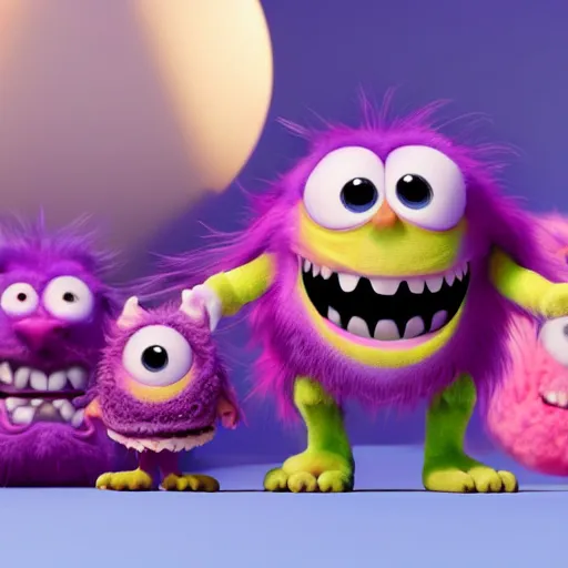 Image similar to a purple fluffy monster, adorable and cute, pixar, octane render, 4k, monster in middle of picture