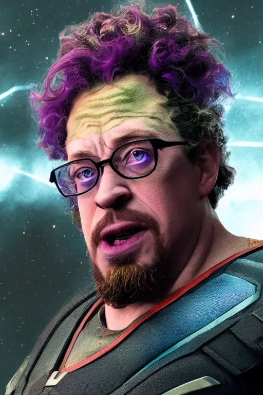 Image similar to a still of sam hyde as thanos in avengers endgame emerging a galactic portal, octane render, rule of thirds, sigma look, beautiful