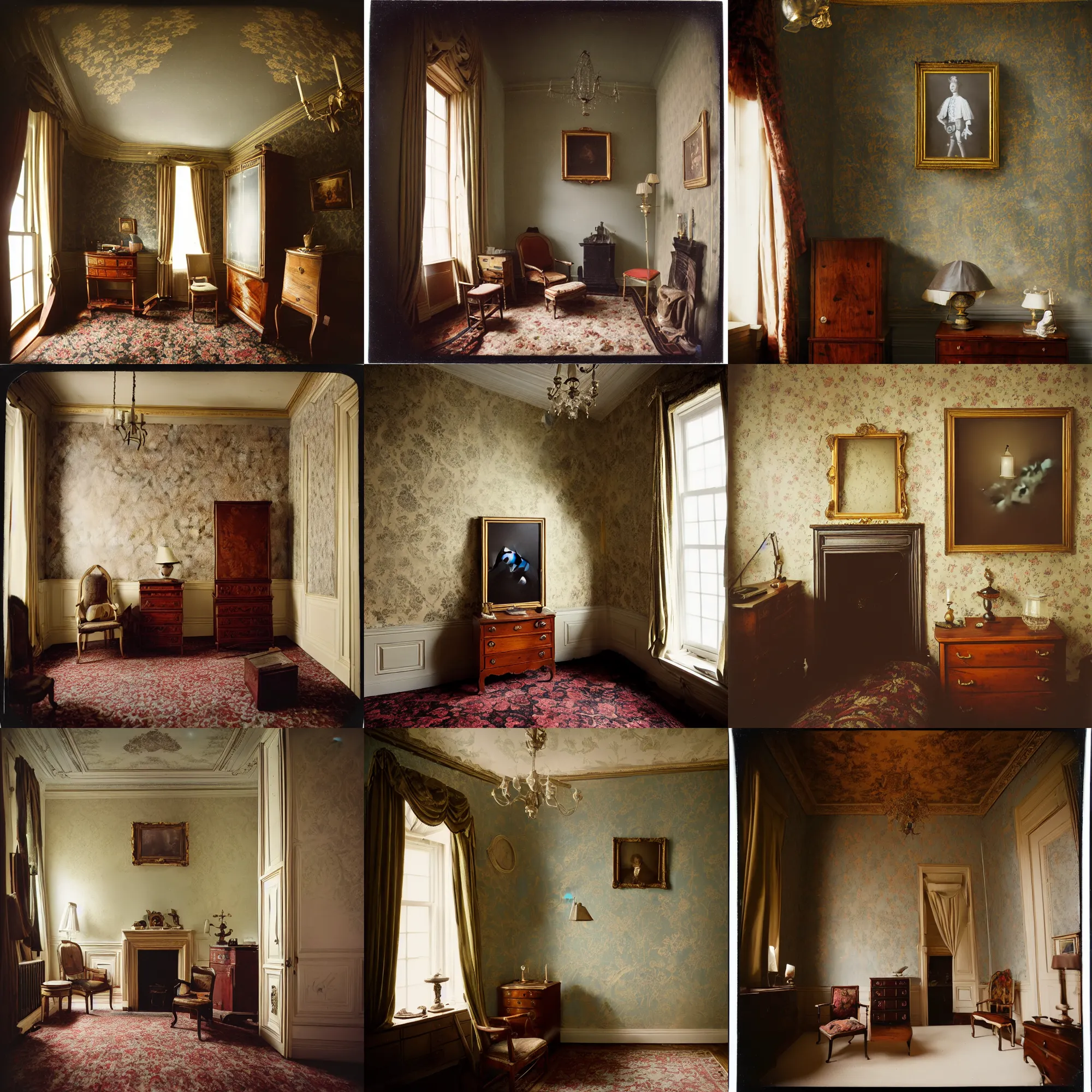 Prompt: kodak portra 4 0 0, wetplate, 8 mm extreme fisheye, award - winning portrait by britt marling of a 1 7 5 0 s room, picture frames, shining lamps, dust, smoke 1 7 5 0 s furniture, wallpaper, carpet, interior, muted colours, fog