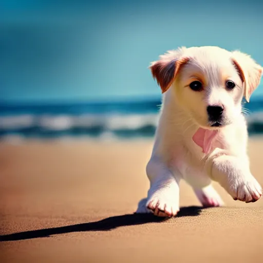 Image similar to cute puppy playing with a tennis ball at the beach, photo shoot, realistic, cinematic