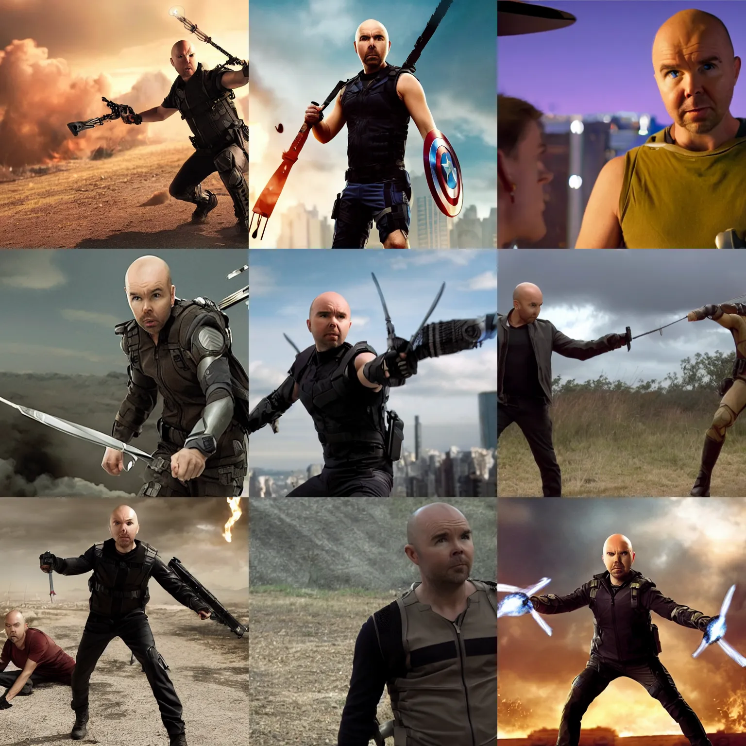 Prompt: screenshot of karl pilkington as hawkeye in the avengers. 4 k. action pose.