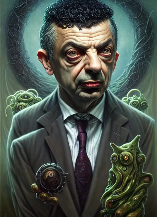 Image similar to lovecraft biopunk portrait of rowan sebastian atkinson, by tomasz alen kopera and peter mohrbacher