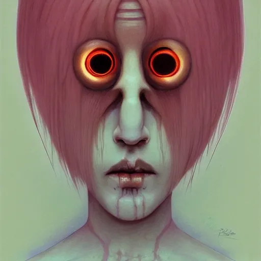 Image similar to portrait of small, rubbery, huge-eyed, big-lipped albino mutant priestess with elaborate white hair by Anato Finnstark, Beksinski, and Studio Ghibli