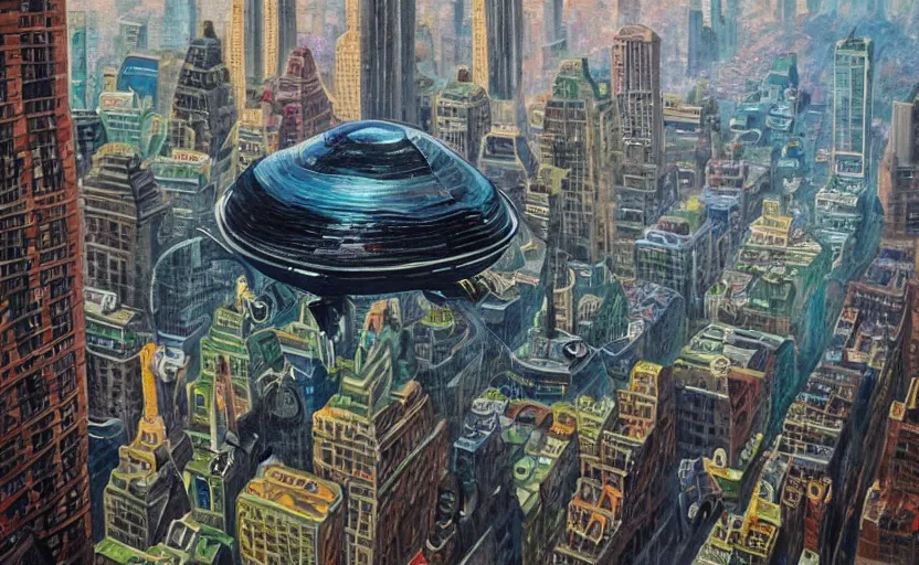 Prompt: an oil painting of an alien spaceship in the middle of new york; hyper-detailed; an extraordinary masterpiece!!!