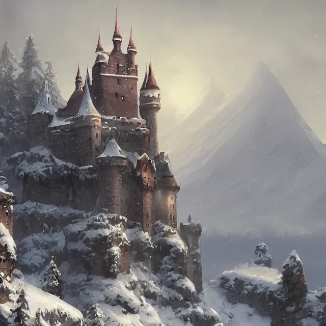 Image similar to a painting of a castle in the middle of a snowy mountain, a detailed matte painting by andreas rocha and greg rutkowski, featured on artstation, fantasy art, matte drawing, matte painting, artstation hq