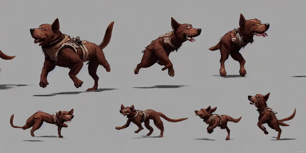 Image similar to cartoonish dog running, character sheet, fine details, concept design, contrast, kim jung gi, greg rutkowski, trending on artstation, 8 k, full body, turnaround, front view, back view, ultra wide angle