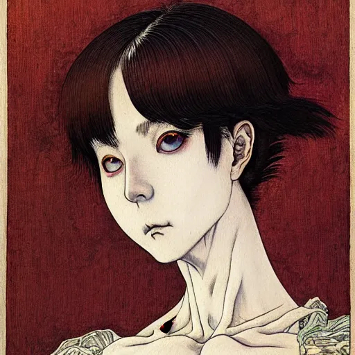 Image similar to prompt: Portrait painted in renaissance style drawn by Katsuhiro Otomo and Takato Yamamoto, inspired by Fables, china doll face, smooth face feature, intricate oil painting, high detail, sharp high detail, manga and anime 2000