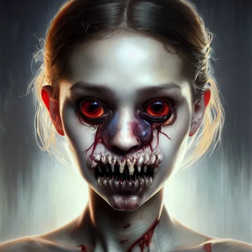Image similar to portrait painting of horrifying skinless and noseless vampire girl wearing battered vietnam fatigues, ultra realistic, concept art, intricate details, eerie, highly detailed, photorealistic, octane render, 8 k, unreal engine. art by artgerm and greg rutkowski and charlie bowater and magali villeneuve and alphonse mucha
