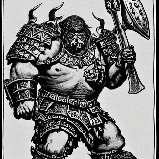 Image similar to ogre warrior wearing plated armor who is holding a battle axe in the style of warhammer fantasy : : head and torso drawing