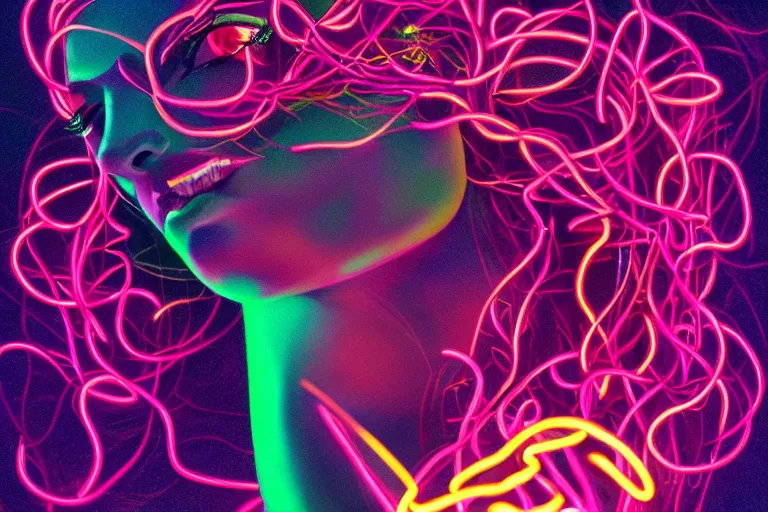 Prompt: photo of surreal medusa gorgo in neon lighting, elegant, highly detailed, smooth, sharp focus, trippy, dmt, psychedelic, illustration, beautiful, geometric, trending on artstation, cinematic, artwork by WLOP