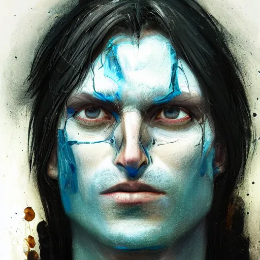 Prompt: Portrait of a man by Greg Rutkowski, symmetrical face, he is about 30 years old, messy long black hair, tired appearance, roman nose, he has become some sort of biomechanical transhuman god with eyes that glow electric blue, peaceful but sad expression, highly detailed portrait, digital painting, artstation, concept art, smooth, sharp foccus ilustration, Artstation HQ.