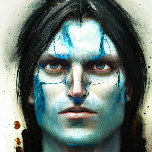 Image similar to Portrait of a man by Greg Rutkowski, symmetrical face, he is about 30 years old, messy long black hair, tired appearance, roman nose, he has become some sort of biomechanical transhuman god with eyes that glow electric blue, peaceful but sad expression, highly detailed portrait, digital painting, artstation, concept art, smooth, sharp foccus ilustration, Artstation HQ.