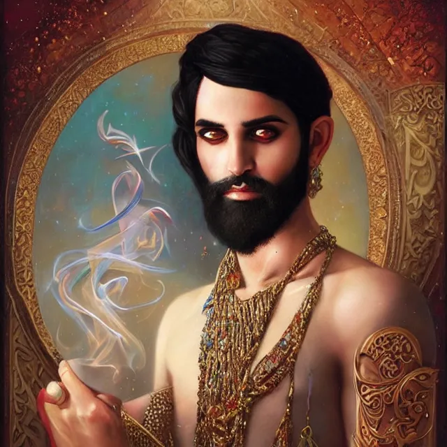 Prompt: portrait of a magical persian male genie, art by tom bagshaw and manuel sanjulian and franz xaver kosler