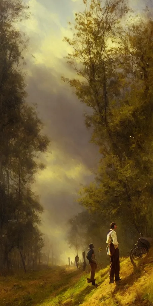 Image similar to a big hillside meadow in 1 9 4 0 with blue light on, sunny day, a men stand up on the road, mystical orange fog, oil on canvas, art by andreas achenbach, clemens ascher, tom bagshaw and sabbas apterus,