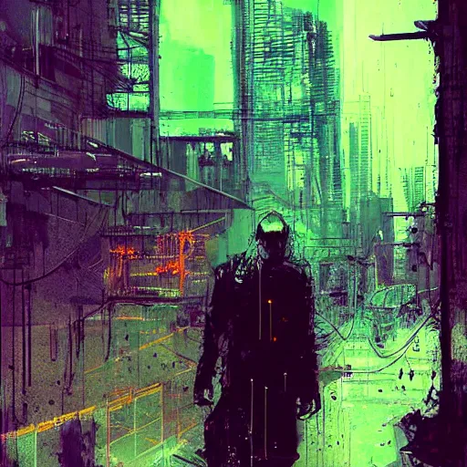 Image similar to a cyberpunk, wires, machines, in a dark future city by jeremy mann, francis bacon and agnes cecile, ink drips, paint smears, digital glitches glitchart c - 1 0