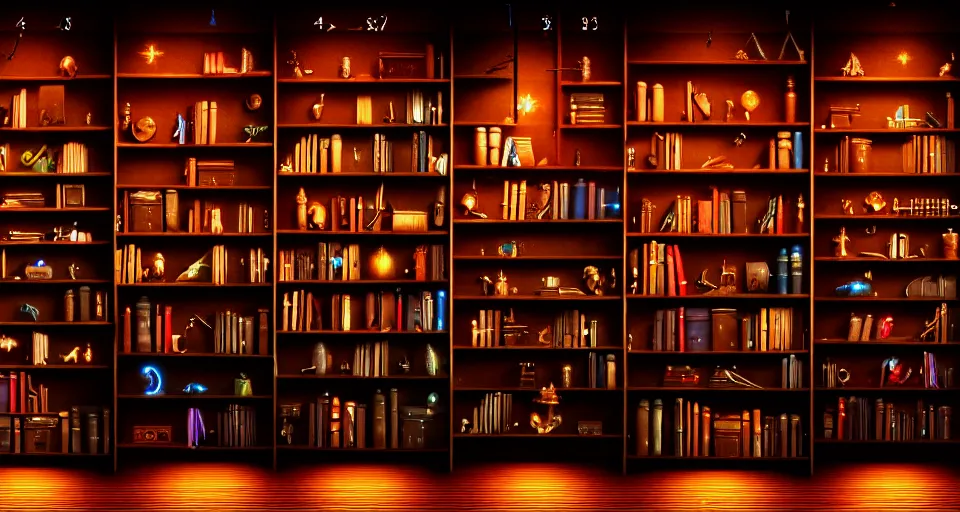 Image similar to a bookshelf of wonderful magical instruments, cinematic lighting, detailed, 4 k