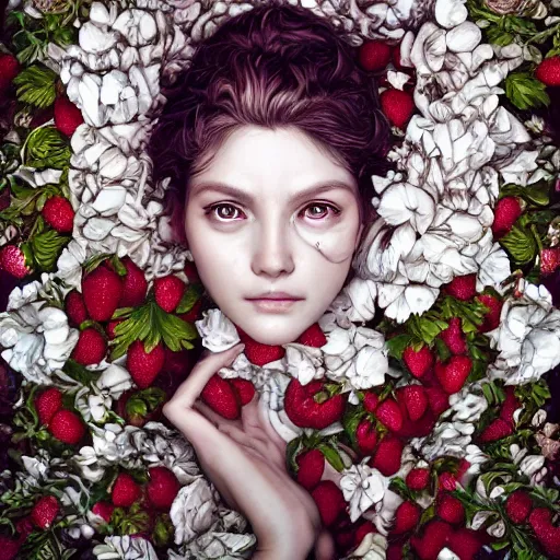 Image similar to the portrait of an absurdly beautiful, graceful, elegant, sophisticated, fashionable woman made of strawberries and white petals looking down, an ultrafine hyperdetailed illustration by kim jung gi, irakli nadar, intricate linework, bright colors, octopath traveler, final fantasy, unreal engine 5 highly rendered, global illumination, radiant light, detailed and intricate environment