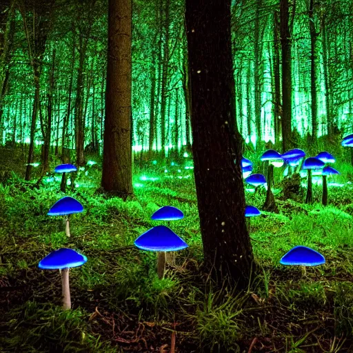 Prompt: blue glowing jello mushrooms in a mystical forest, firefly exposure trails in foreground, high detail